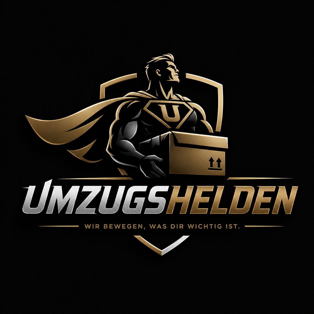 Die Umzugshelden: goldener Held mit Umzugskarton